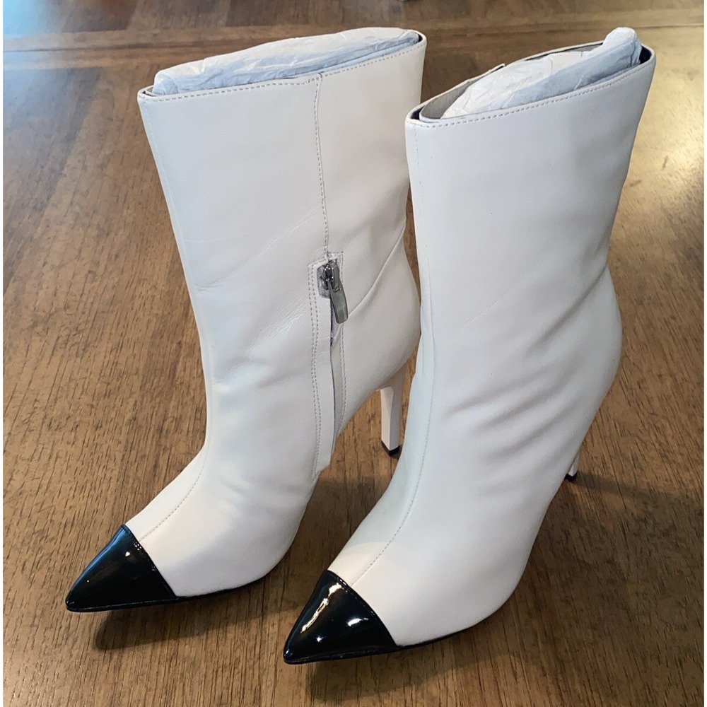 Nine West Womens Winner Mid Calf Boot Size 6 Ivory And Black Toe